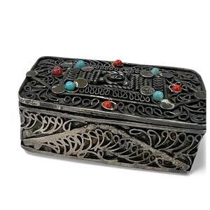 Vintage antique amulet trinket box Jewelry Pill Case prayer ghau Silver Metal